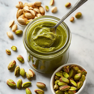 Smooth pistachio butter dripping from a spoon into a glass jar, surrounded by whole and slivered pistachios on a marble surface.