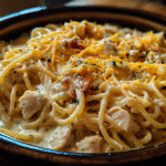 Crock pot cheesy chicken spaghetti with creamy sauce, shredded chicken, and melted cheddar on a wooden table