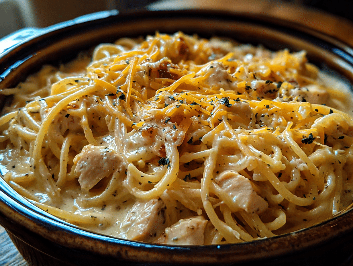 Crock pot cheesy chicken spaghetti with creamy sauce, shredded chicken, and melted cheddar on a wooden table