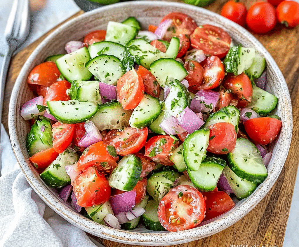 Cucumber tomato salad with sliced cucumbers, tomatotoes