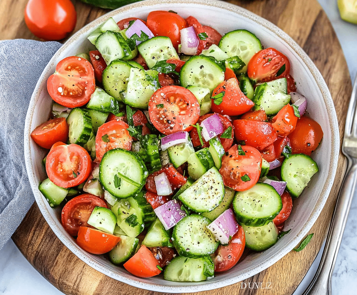 Cucumber tomato salad with sliced cucumbers, tomatoes, and fresh herbs in a white bowl on a wooden table