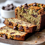 Sliced chocolate chip zucchini bread loaf with melty chocolate chips and tender crumb on a wooden board.