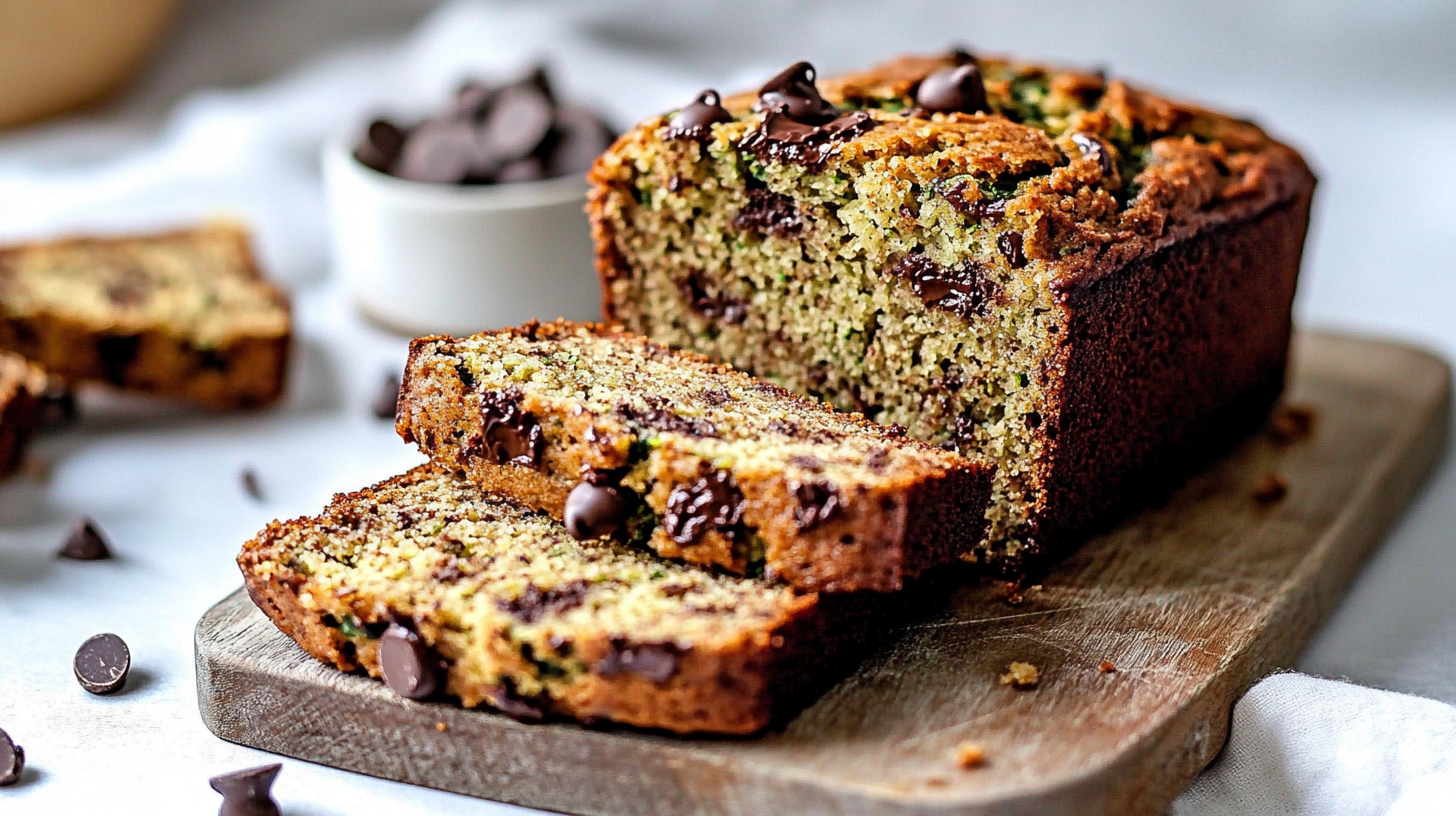 Sliced chocolate chip zucchini bread loaf with melty chocolate chips and tender crumb on a wooden board.
