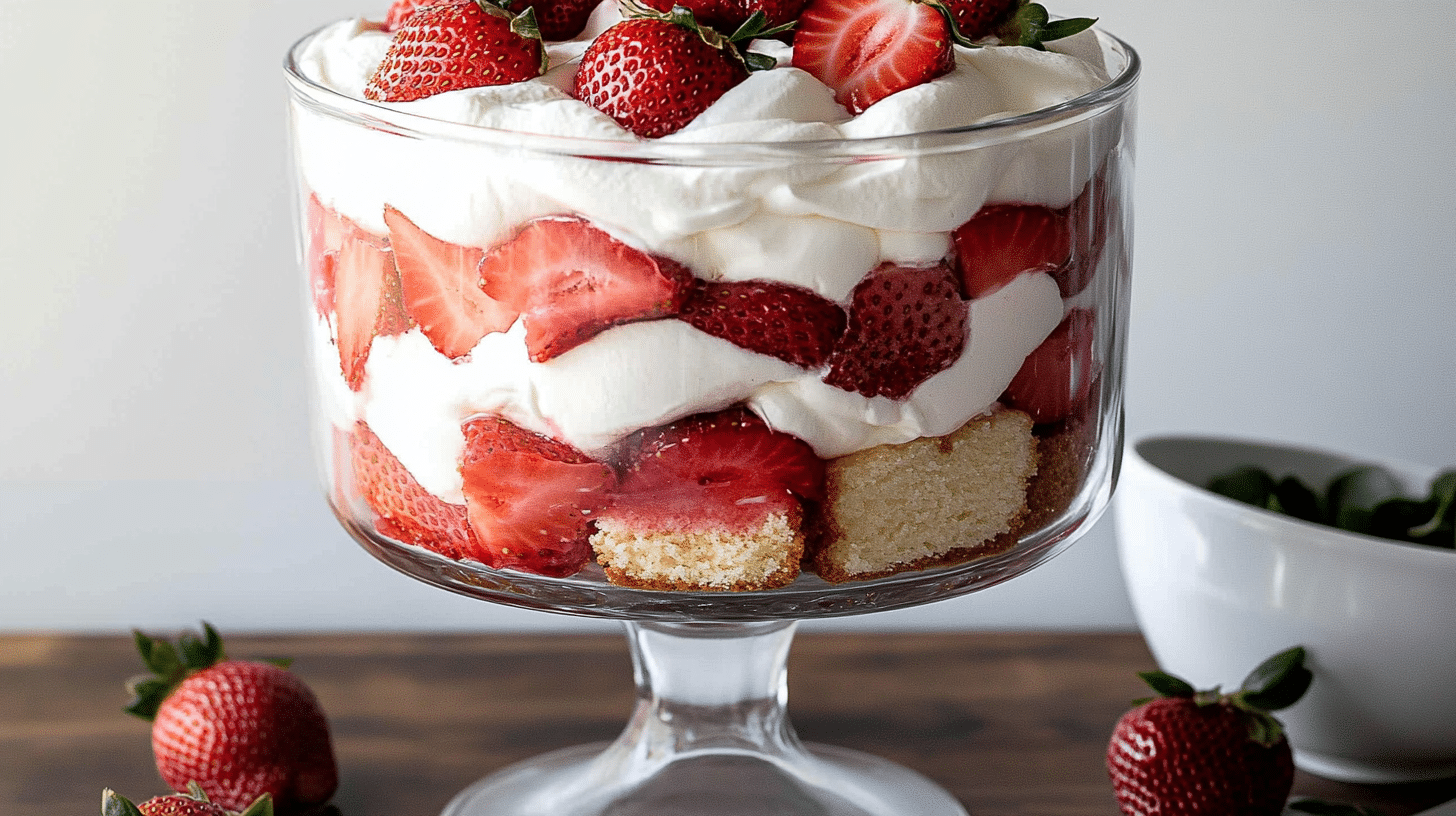 Layered trifle strawberry shortcake with pound cake, strawberries, pudding, and cream in a glass bowl on a wooden table.