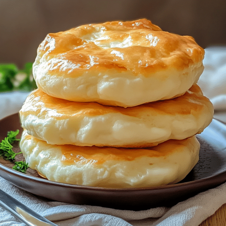 Fluffy stack of cottage cheese cloud bread on a rustic plate with herbs and warm kitchen lighting