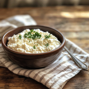 Homemade low sodium cottage cheese in a ceramic bowl with herbs on rustic wood