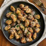 Crispy Parmesan Garlic Chicken Bites served on a rustic plate with marinara dipping sauce