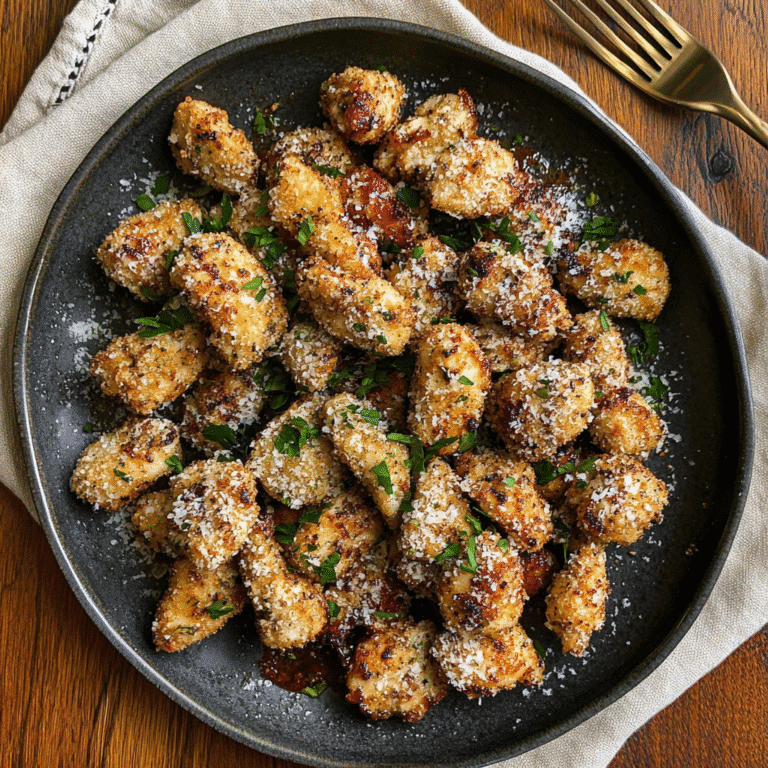 Crispy Parmesan Garlic Chicken Bites served on a rustic plate with marinara dipping sauce