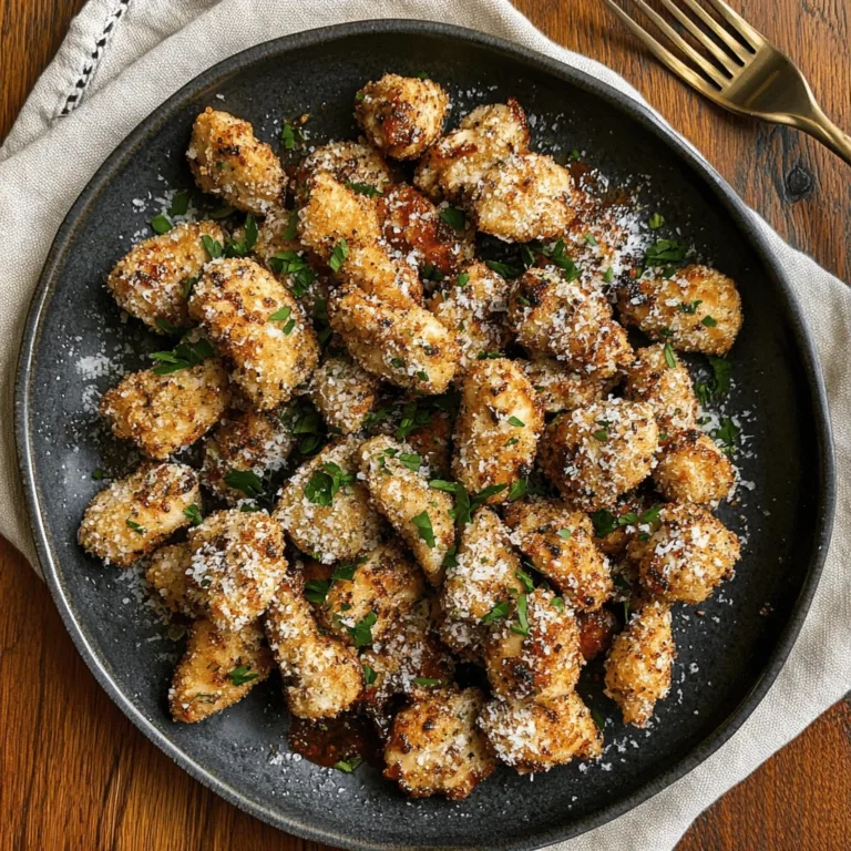 Crispy Parmesan Garlic Chicken Bites served on a rustic plate with marinara dipping sauce