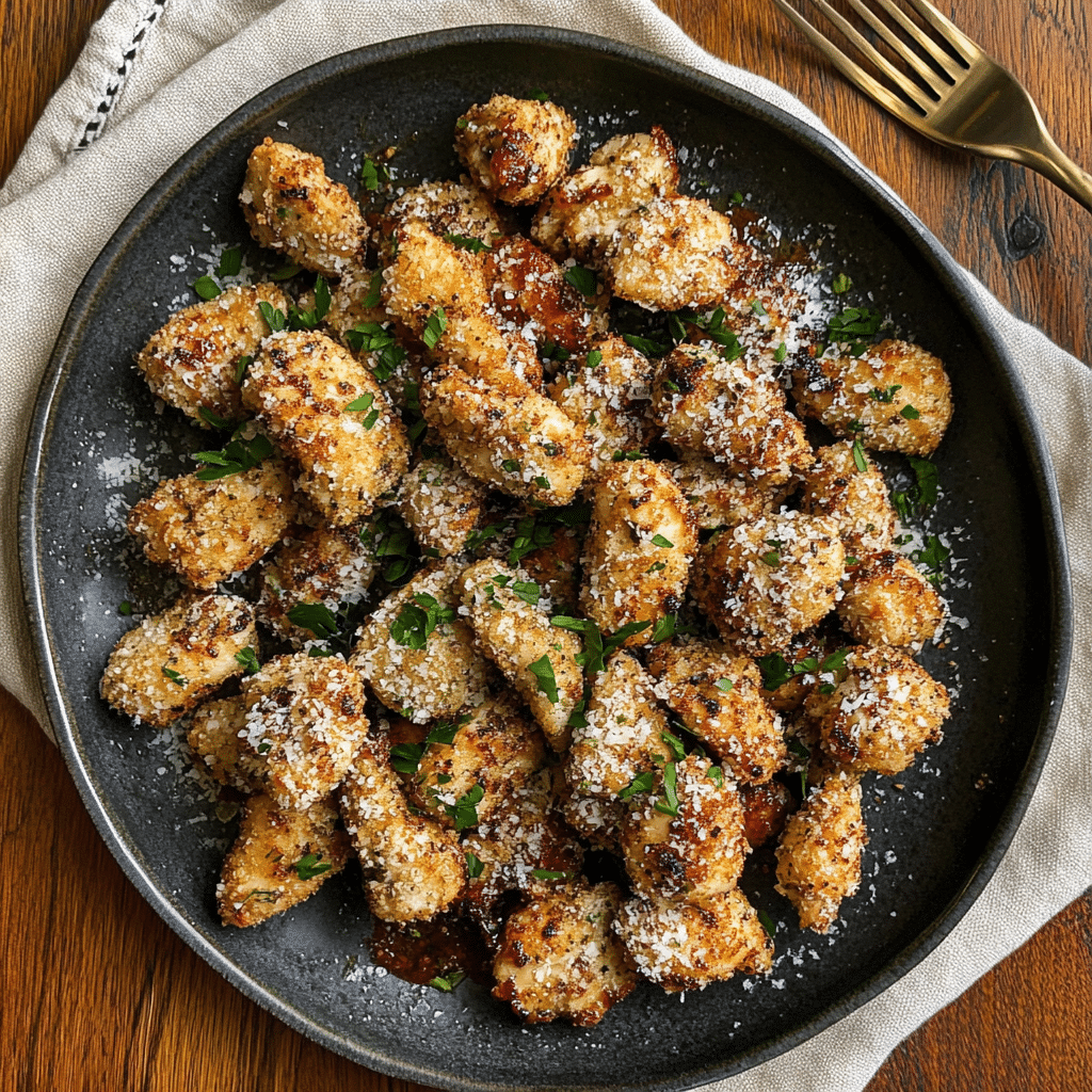 Crispy Parmesan Garlic Chicken Bites served on a rustic plate with marinara dipping sauce