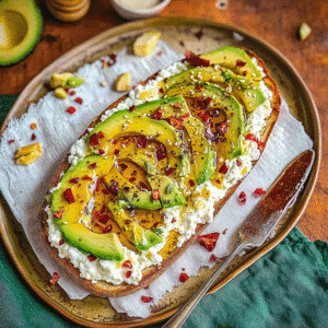 Hot honey avocado cottage cheese toast on sourdough with avocado, whipped cottage cheese, and chili honey drizzle