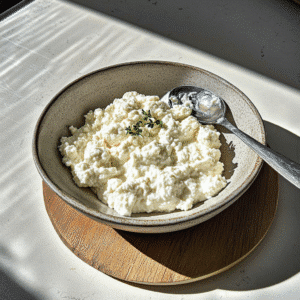 Creamy lactose-free cottage cheese in a ceramic bowl