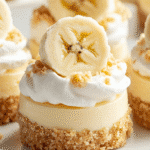 Mini banana pudding cheesecakes with whipped cream and banana slices on a rustic plate