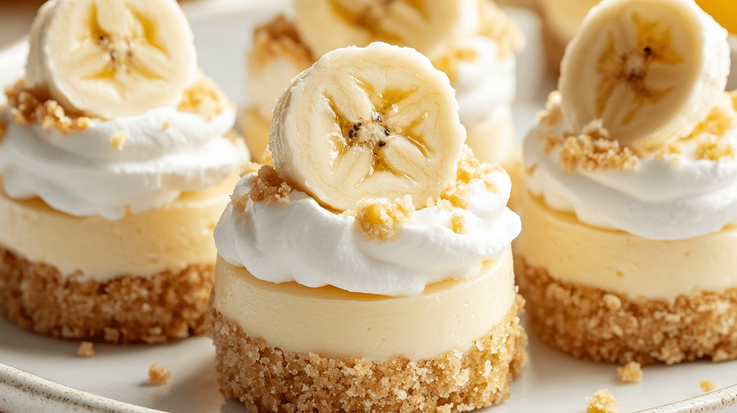 Mini banana pudding cheesecakes with whipped cream and banana slices on a rustic plate