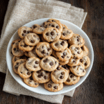 Mini chocolate chip cookies with golden edges and soft centers, styled on a wooden table with a glass of milk