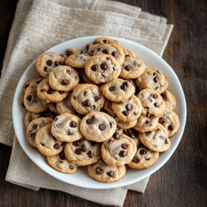 Mini chocolate chip cookies with golden edges and soft centers, styled on a wooden table with a glass of milk