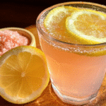 Glass of lemon water with pink Himalayan salt on a wooden table