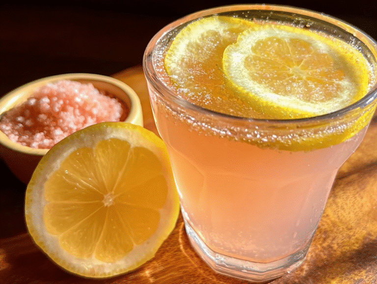 Glass of lemon water with pink Himalayan salt on a wooden table