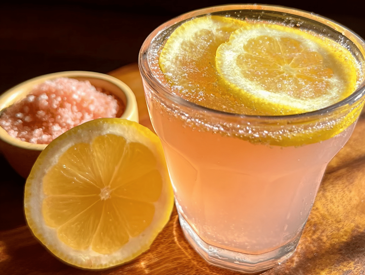 Glass of lemon water with pink Himalayan salt on a wooden table