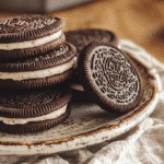 Selena Gomez Oreo-inspired chocolate sandwich cookies with creamy cinnamon filling on a rustic plate