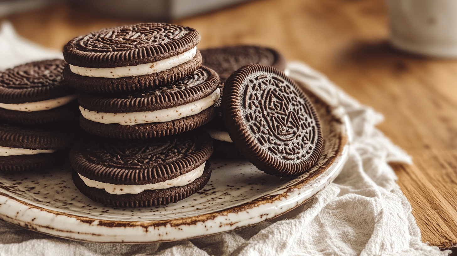 Selena Gomez Oreo-inspired chocolate sandwich cookies with creamy cinnamon filling on a rustic plate