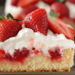 Strawberry sheet shortcake sliced in a pan, topped with whipped cream and strawberries