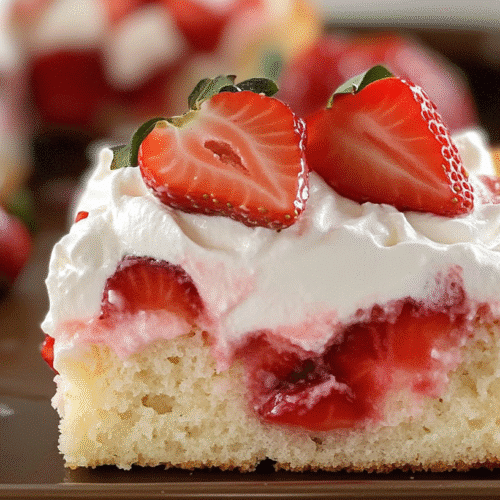 Strawberry sheet shortcake sliced in a pan