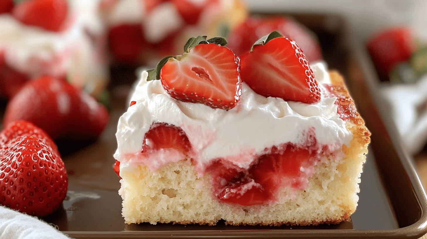 Strawberry Sheet Shortcake recipe Strawberry sheet shortcake sliced in a pan