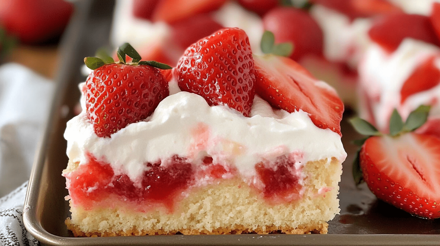 Strawberry sheet shortcake sliced in a pan, topped with whipped cream and strawberries