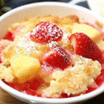 Strawberry and pineapple dump cake in a rustic baking dish with golden topping and bubbling fruit
