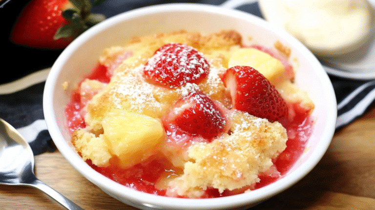 Strawberry and pineapple dump cake in a rustic baking dish with golden topping and bubbling fruit