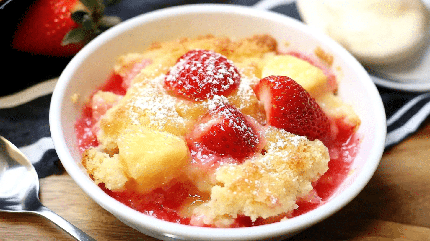 Strawberry and pineapple dump cake in a rustic baking dish with golden topping and bubbling fruit