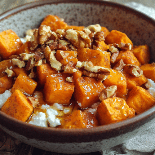 Sweet potato cottage cheese bowl with roasted sweet potatoes, cottage cheese, and maple syrup in a rustic ceramic bowl