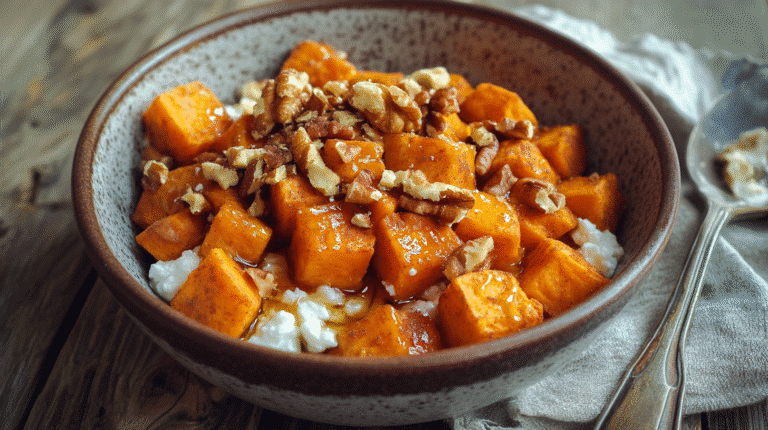 Sweet potato cottage cheese bowl with roasted sweet potatoes, cottage cheese, and maple syrup in a rustic ceramic bowl