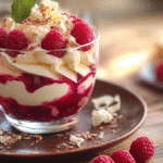 White chocolate raspberry cream in a glass cup with fresh raspberries and white chocolate curls