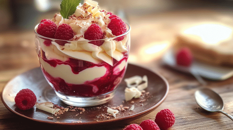 White chocolate raspberry cream in a glass cup with fresh raspberries and white chocolate curls