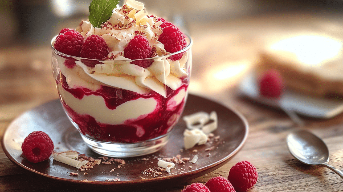 White chocolate raspberry cream in a glass cup with fresh raspberries and white chocolate curls
