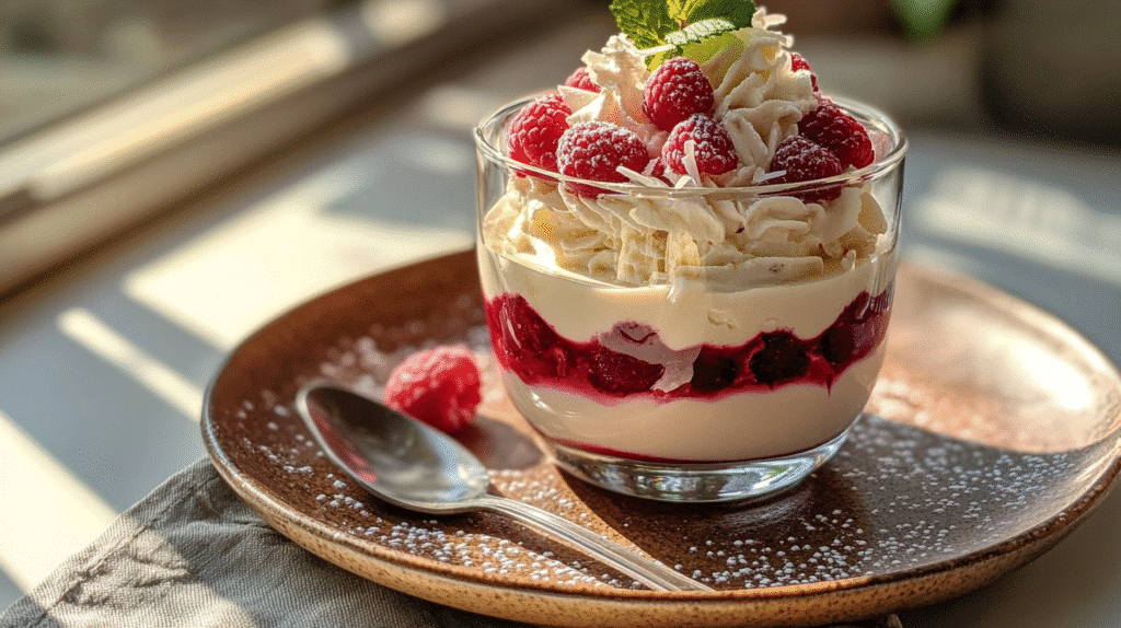 White chocolate raspberry cream in a glass cup with fresh raspberries and white chocolate