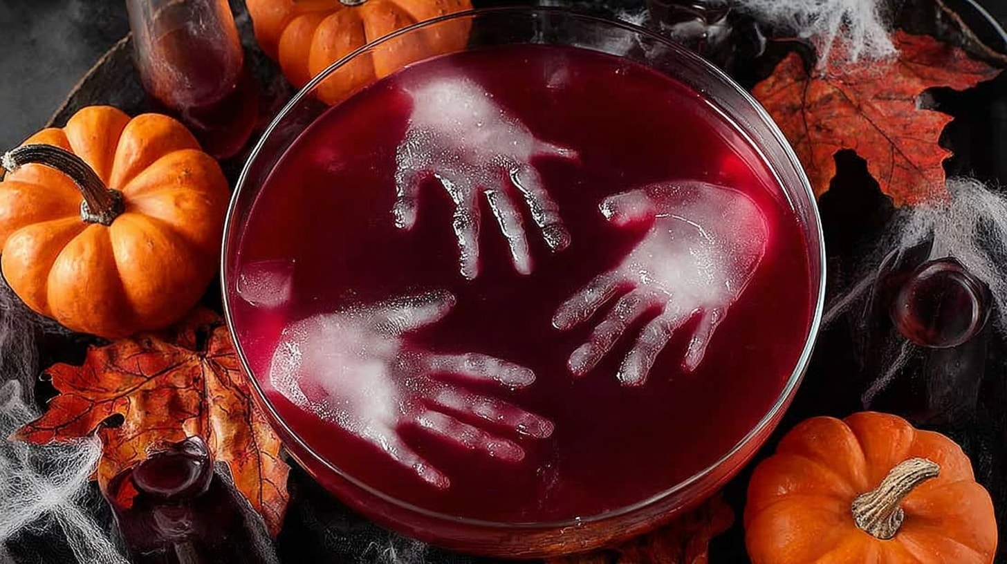 Spooky Halloween party punch in a clear bowl with fruit and gummy worms, styled with pumpkins and spider webs.