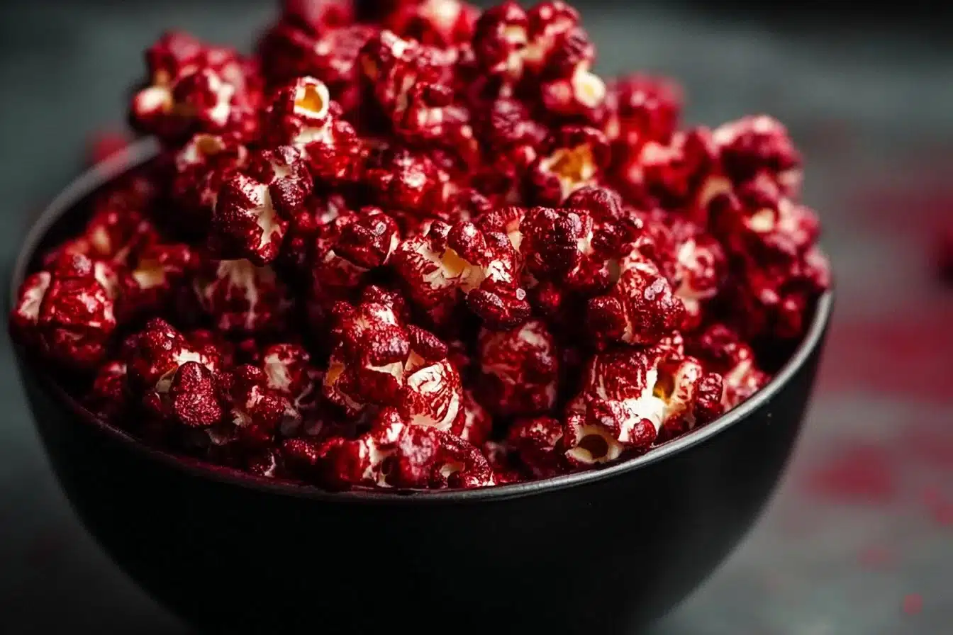 Bloody Red Velvet Popcorn bowl filled with delicious red treat.