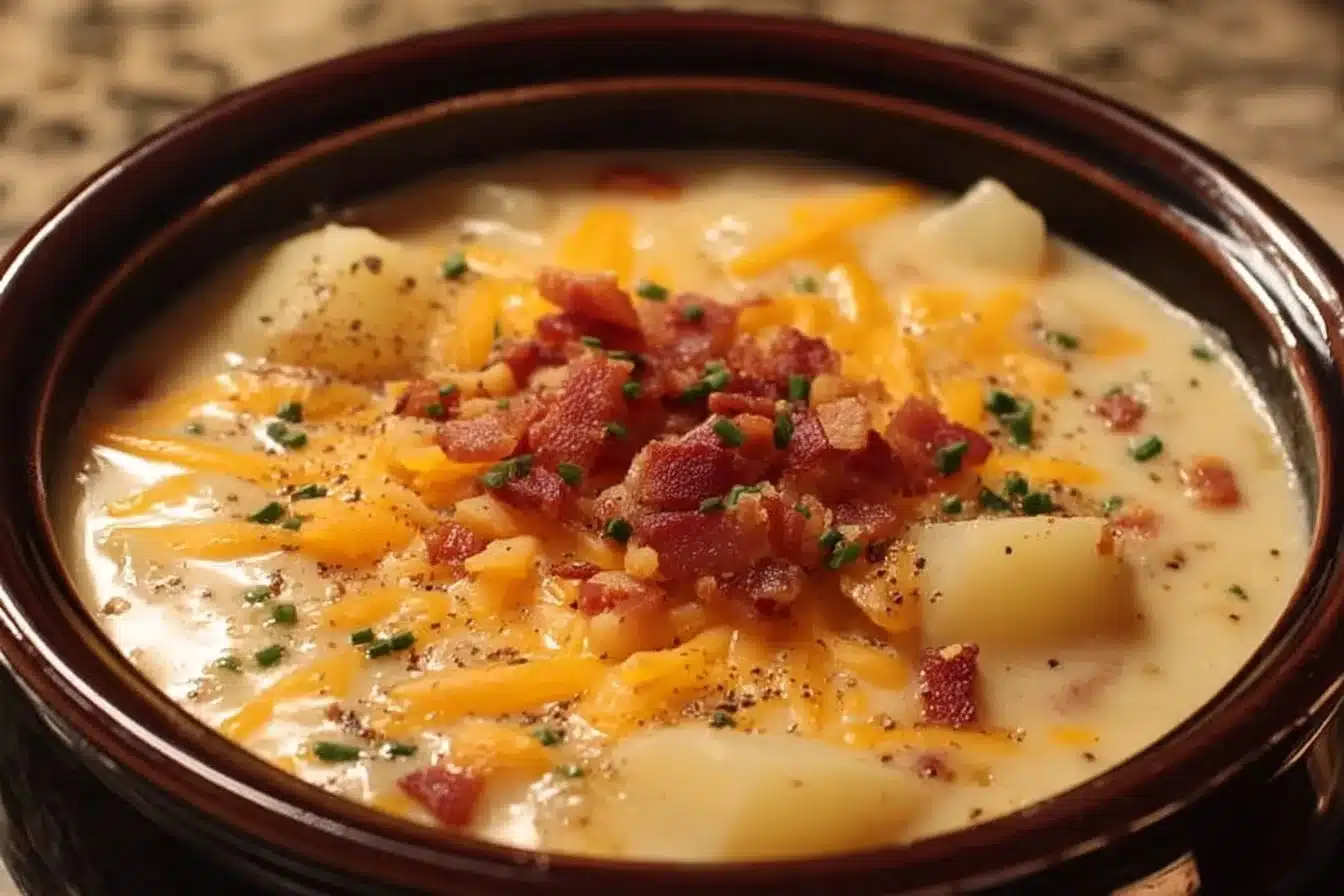 Crock Pot Crack Potato Soup garnished with herbs in a slow cooker