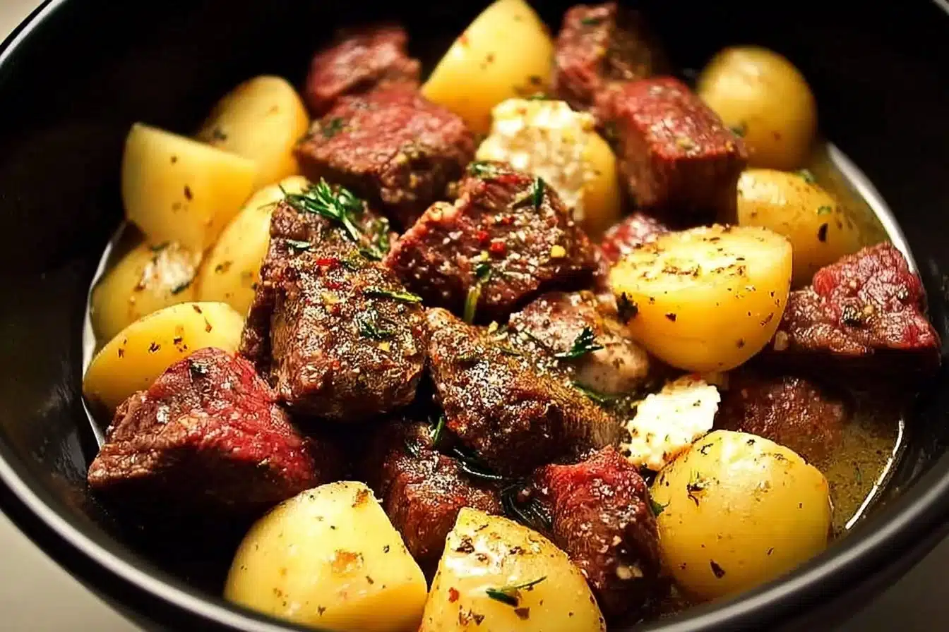 Crockpot Garlic Butter Beef Bites served with potatoes