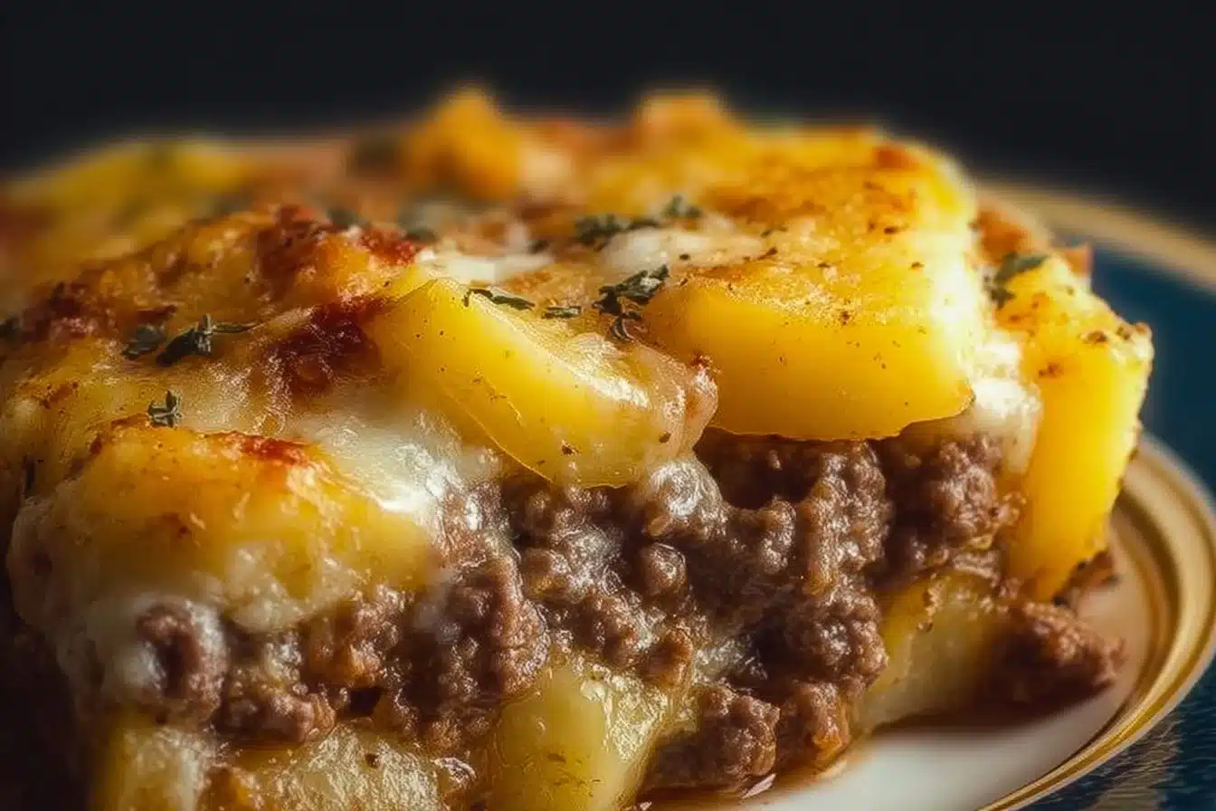 Delicious Crockpot Hamburger Potato Casserole in a serving dish