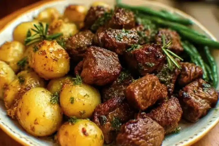 Garlic Butter Beef Bites served with crispy potatoes in a savory sauce