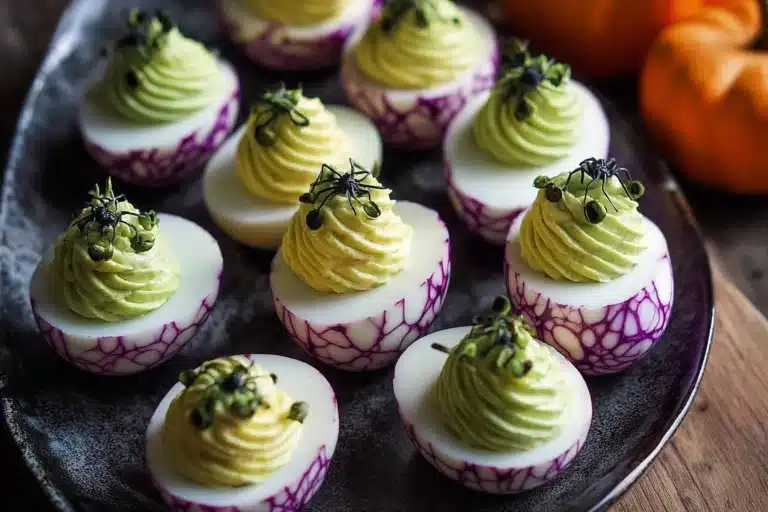 Halloween-themed deviled eggs with spooky decorations on a platter.
