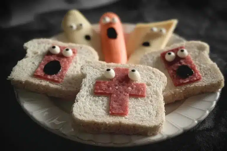 Plate of spooky Halloween snacks including cupcakes, cookies, and candy