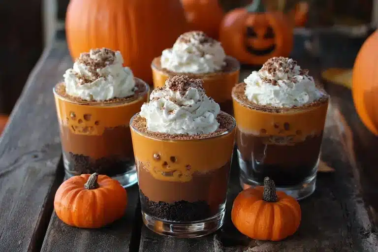 Pumpkin Patch Dirt Cups with chocolate and candy decorations for fall festivities