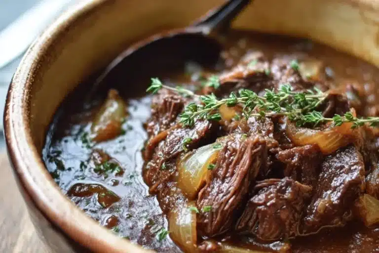 Savory French Onion Pot Roast served on a plate with herbs and vegetables.