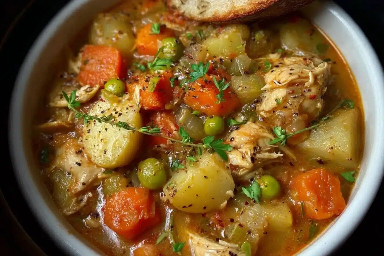 Delicious slow cooker chicken stew with vegetables in a rustic bowl.