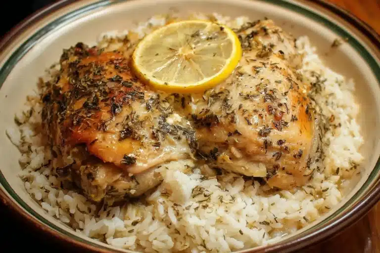Slow cooker lemon herb chicken served with fluffy rice on a plate.